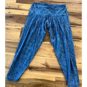 Boho Blue Harem Pants Balloon Pleated Waist Tapered Leg Lounge Yoga Festival